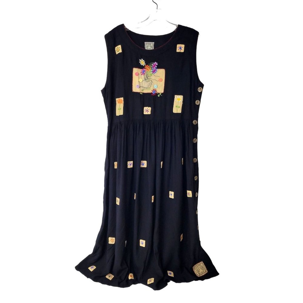 Hand Block Art To Wear Printed and Embroidered Rayon Dress Vintage 1990s